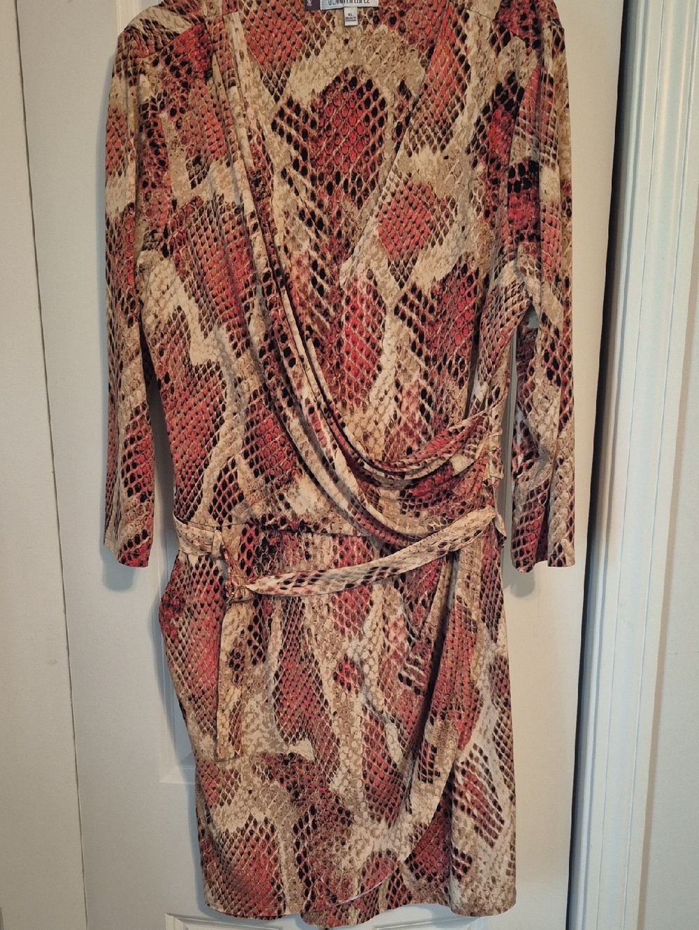 Snake-Print Wrap Dress in Beige and Rust